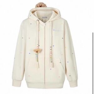 13 De Marzo Unisex Cream Zip-Up Hoodie with Polka Dot and bear Accent